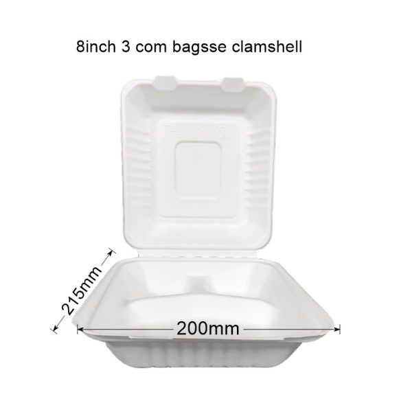 Sugarcane 8" 3-Compartment Clamshell (200 Units)