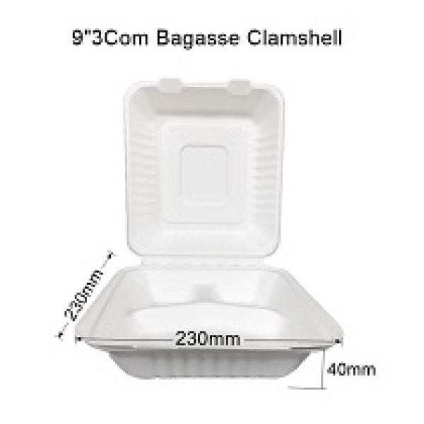 Sugarcane 9" 3-Compartment Clamshell (200 Units)
