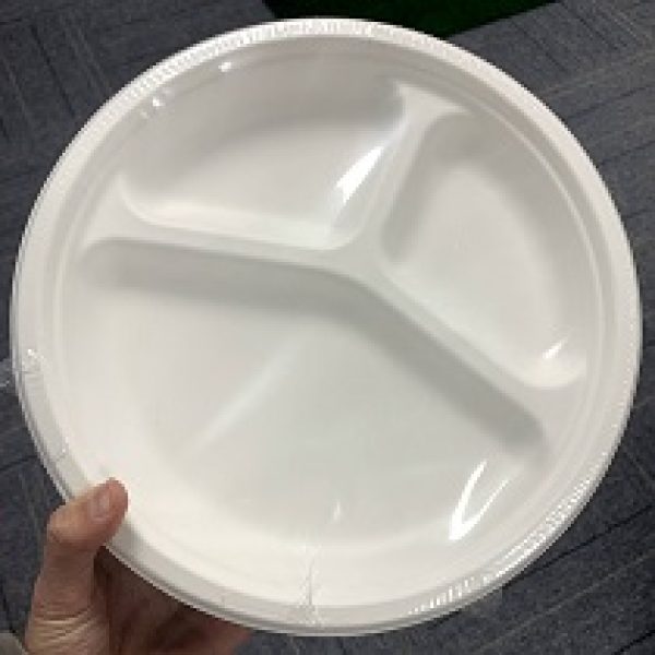 Sugarcane 10" 3-Compartment Round Plate - White (500 Units)